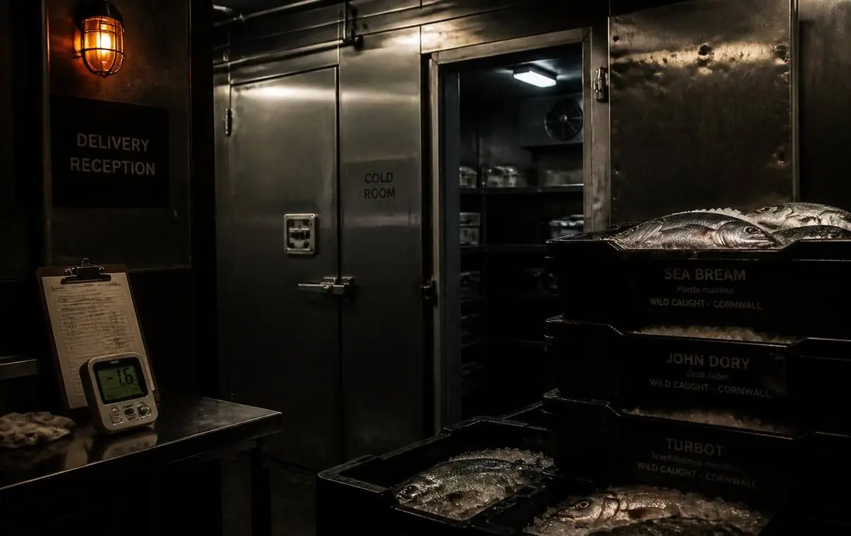 Réception de livraison et chambre froide avec caisses de poisson étiquetées sur glace